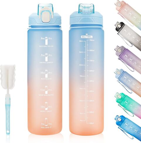Motivational Water Bottle with Time Marker- 32oz Water Bottles with Times to Drink, Leakproof & BPA Free Sports Water Bottle with Straw & Carry Strap for Fitness, Gym, and Outdoor Sports in Saudi Arabia