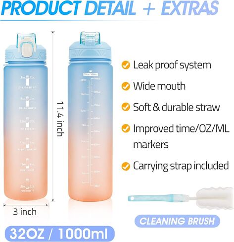 Motivational Water Bottle with Time Marker- 32oz Water Bottles with Times to Drink, Leakproof & BPA Free Sports Water Bottle with Straw & Carry Strap for Fitness, Gym, and Outdoor Sports in Saudi Arabia