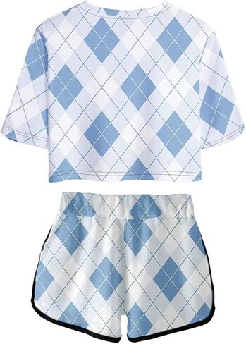 Women's Girls' Argyle Plaid Crop Top T-shirt and Shorts Tracksuit Two Pieces Sets Outfits in Saudi Arabia