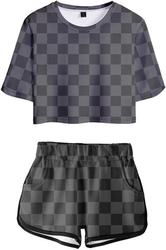 Women's Girls' Argyle Plaid Crop Top T-shirt and Shorts Tracksuit Two Pieces Sets Outfits in Saudi Arabia