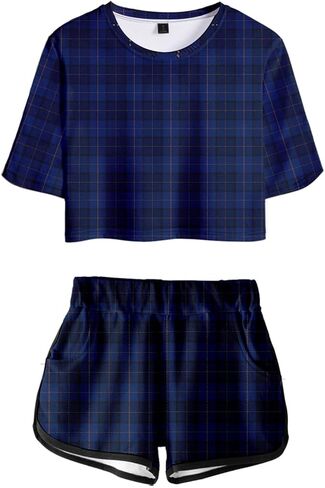 Women's Girls' Argyle Plaid Crop Top T-shirt and Shorts Tracksuit Two Pieces Sets Outfits in Saudi Arabia
