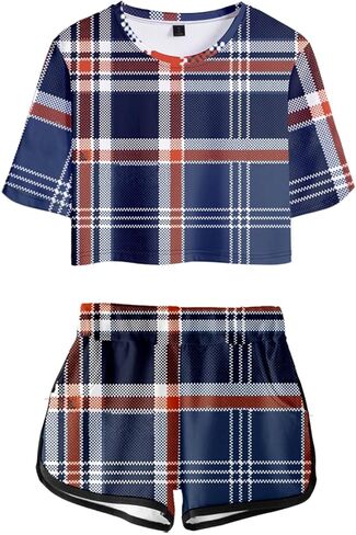 Women's Girls' Argyle Plaid Crop Top T-shirt and Shorts Tracksuit Two Pieces Sets Outfits in Saudi Arabia
