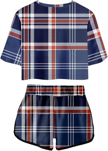 Women's Girls' Argyle Plaid Crop Top T-shirt and Shorts Tracksuit Two Pieces Sets Outfits in Saudi Arabia
