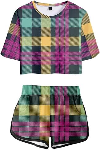 Women's Girls' Argyle Plaid Crop Top T-shirt and Shorts Tracksuit Two Pieces Sets Outfits in Saudi Arabia