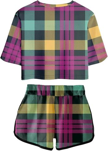 Women's Girls' Argyle Plaid Crop Top T-shirt and Shorts Tracksuit Two Pieces Sets Outfits in Saudi Arabia