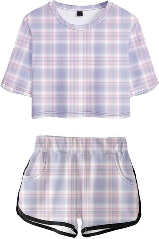Women's Girls' Argyle Plaid Crop Top T-shirt and Shorts Tracksuit Two Pieces Sets Outfits in Saudi Arabia