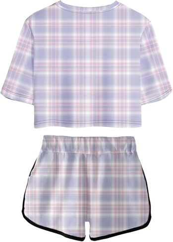 Women's Girls' Argyle Plaid Crop Top T-shirt and Shorts Tracksuit Two Pieces Sets Outfits in Saudi Arabia