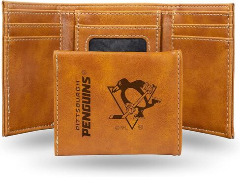 محفظة جيب أمامي من جلد بني نباتي فاخر محفور بالليزر NHL Pittsburgh Penguins من Rico Industries - تصميم صغير الحجم ونحيف لكنه متين - مثالية لإظهار فخر فريقك أو هديتك in Saudi Arabia