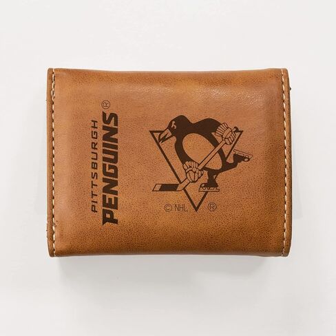 محفظة جيب أمامي من جلد بني نباتي فاخر محفور بالليزر NHL Pittsburgh Penguins من Rico Industries - تصميم صغير الحجم ونحيف لكنه متين - مثالية لإظهار فخر فريقك أو هديتك in Saudi Arabia