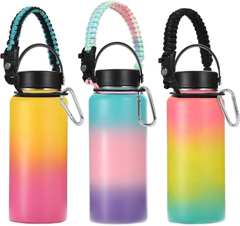 مقبض باراكورد 3 قطع من Aster لحزام زجاجة المياه - يناسب الزجاجات ذات الفم الواسع 12 أونصة إلى 64 أونصة - سلك حزام حامل باراكورد مع حلقة أمان، بوصلة وحزام مقبض زجاجة مياه in Kuwait