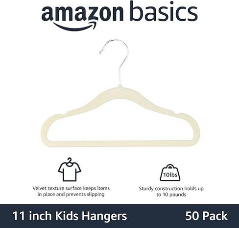 Amazon Basics Kids Velvet, Non-Slip Clothes Hangers for Infant and Toddler, 11.6 Inches (for baby clothes), Pack of 50, Gray in Kuwait