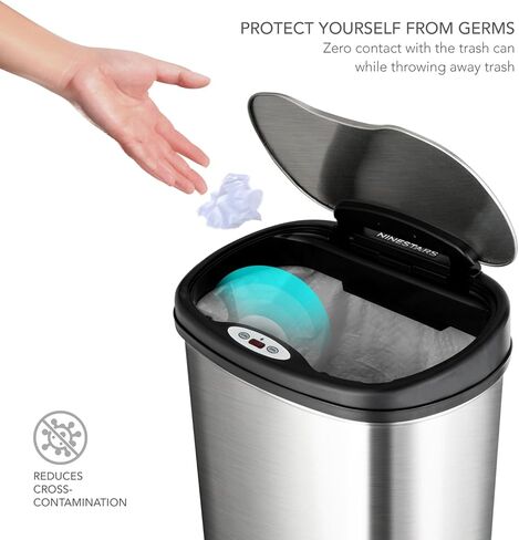 NINESTARS DZT-50-13 سلة مهملات بيضاوية بمستشعر حركة بدون لمس مع سطح أسود، 13 جالون/50 لتر، من الفولاذ المقاوم للصدأ in Kuwait