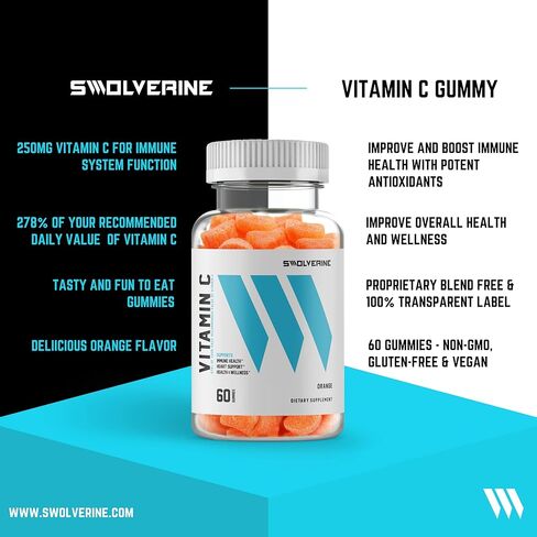 Swolverine Vitamin C Gummies | Immune Support, Energy, Heart Healthy, 250mg Vitamin C, Delicious Orange Gummy Slices, Plant Based, Non-GMO, Gluten Free, (30 Servings) in Saudi Arabia