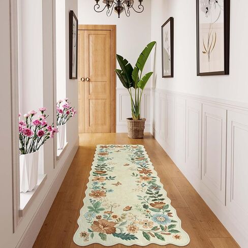 Lahome Floral Washable Runner Rug, 2'6''x8' Soft Hallway Runner Rug Non Slip, Boho Ultra-Thin Kitchen Runners for Hallways with Rubber Backing Carpet Runner for Laundry Bedroom Bathroom(Green) in Saudi Arabia