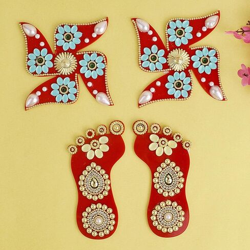 مجموعة 3 قطع من ملصق SATVIK من الأكريليك Lakshmi MATA Charan Paduka مع ملصقات Swastik لتزيين الديوالي Mandir Office Wall Festival Pujan Aarti Home Floor Rangoli Kolam Shubh Labh in Saudi Arabia