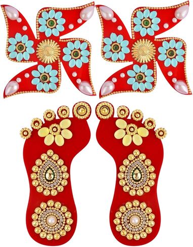 مجموعة 3 قطع من ملصق SATVIK من الأكريليك Lakshmi MATA Charan Paduka مع ملصقات Swastik لتزيين الديوالي Mandir Office Wall Festival Pujan Aarti Home Floor Rangoli Kolam Shubh Labh in Saudi Arabia