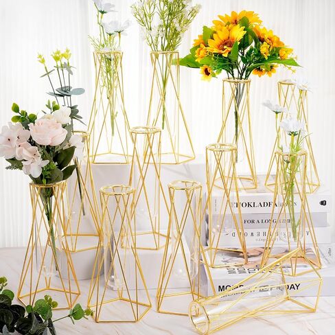 12 Pcs Gold Geometric Vase for Centerpieces Glass Vase with Metal Stand Hydroponic Plant Flower Vase Modern Vase for Wedding Home Office Centerpiece Decor (6.3 Inch) in Saudi Arabia