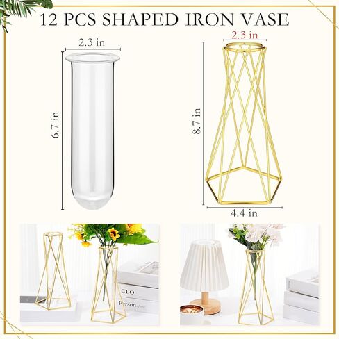 12 Pcs Gold Geometric Vase for Centerpieces Glass Vase with Metal Stand Hydroponic Plant Flower Vase Modern Vase for Wedding Home Office Centerpiece Decor (6.3 Inch) in Saudi Arabia