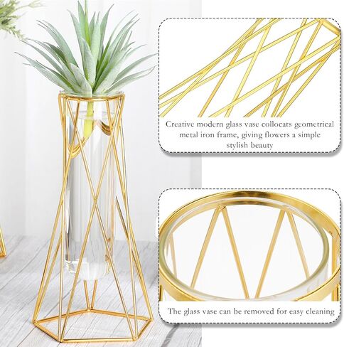 12 Pcs Gold Geometric Vase for Centerpieces Glass Vase with Metal Stand Hydroponic Plant Flower Vase Modern Vase for Wedding Home Office Centerpiece Decor (6.3 Inch) in Saudi Arabia