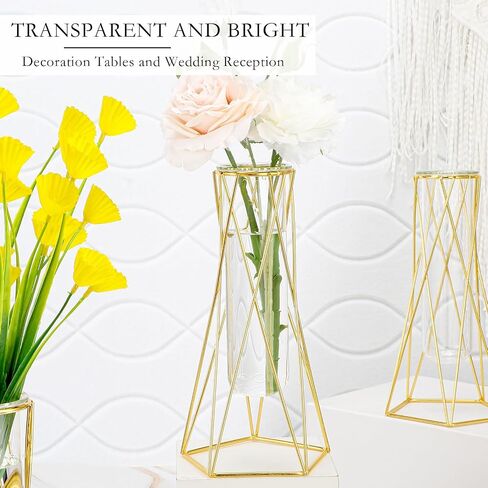 12 Pcs Gold Geometric Vase for Centerpieces Glass Vase with Metal Stand Hydroponic Plant Flower Vase Modern Vase for Wedding Home Office Centerpiece Decor (6.3 Inch) in Saudi Arabia