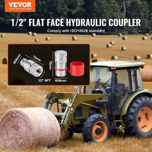 VEVOR LSQ-FF قارنات التوصيل الهيدروليكية ذات الوجه المسطح 1/2 بوصة NPT ذات التوجيه الانزلاقي مع 4 أغطية غبار (ISO16028)، فضي in Saudi Arabia