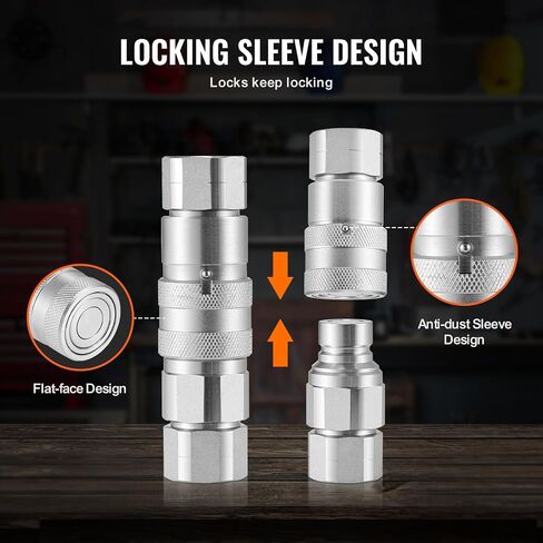 VEVOR LSQ-FF قارنات التوصيل الهيدروليكية ذات الوجه المسطح 1/2 بوصة NPT ذات التوجيه الانزلاقي مع 4 أغطية غبار (ISO16028)، فضي in Saudi Arabia