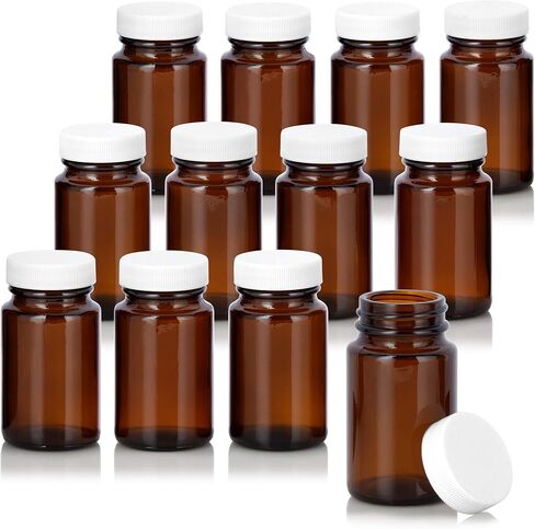 JUVITUS 2.5 oz / 75 ml Amber Glass Wide Mouth Packer Bottle with White Ribbed Lid (6 Pack) in Saudi Arabia