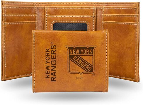 محفظة Rico Industries NHL New York Rangers Premium من الجلد النباتي الأسود المحفور بالليزر ثلاثية الطي - تصميم نحيف ولكنه متين - مثالية لإظهار فخر فريقك أو هديتك in Saudi Arabia