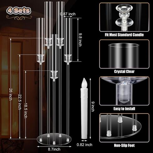 4 Set Acrylic Candelabra Centerpieces for Wedding 5 Arm Clear Candelabra with LED Candles 35'' Tall Candlestick Holder with Acrylic Shade for Floor Table Dinner Party Fireplace Decor(Acrylic) in Saudi Arabia