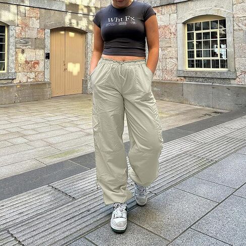 Hoefirm Cargo Pants Women High Waist Adjustable Y2k Baggy Pants Parachute Pants for Women with Pockets Streetwear in Saudi Arabia