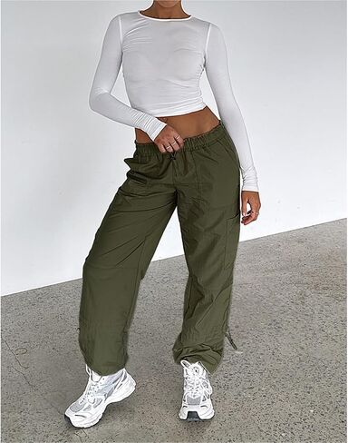 Hoefirm Cargo Pants Women High Waist Adjustable Y2k Baggy Pants Parachute Pants for Women with Pockets Streetwear in Saudi Arabia