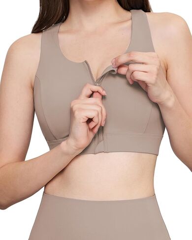 Zip Front Sports Bra, High Impact Sports Bras for Women Strappy Back Support, Yoga Bras for Running Workout Fitness (Brown,L) in Kuwait