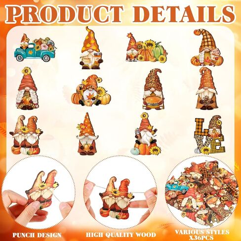 36 Pcs Fall Tree Decorations Thanksgiving Gnomes Ornaments for Tree Wooden Hanging Ornaments Pumpkins Leaves Flowers Cutouts Autumn Decorations for Holiday Party Supply(Classic Style) in Saudi Arabia
