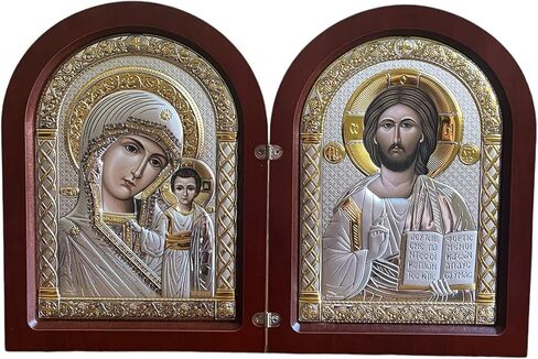 Diptych ليسوع المسيح حكمة الله ومريم العذراء من كازان البيزنطية أيقونة فضية أرثوذكسية/يونانية/صناعة يدوية (أبيض، 5 1/2x4) in Saudi Arabia