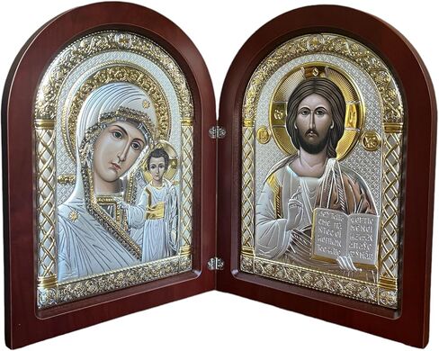 Diptych ليسوع المسيح حكمة الله ومريم العذراء من كازان البيزنطية أيقونة فضية أرثوذكسية/يونانية/صناعة يدوية (أبيض، 5 1/2x4) in Saudi Arabia