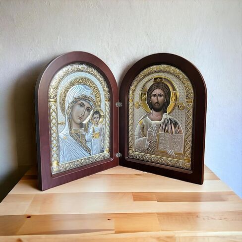 Diptych ليسوع المسيح حكمة الله ومريم العذراء من كازان البيزنطية أيقونة فضية أرثوذكسية/يونانية/صناعة يدوية (أبيض، 5 1/2x4) in Saudi Arabia