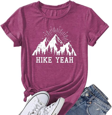 Funny Hiking T Shirts Women Cute Mountain Sunrise Pine Tree Letter Print Graphic Tee in Saudi Arabia
