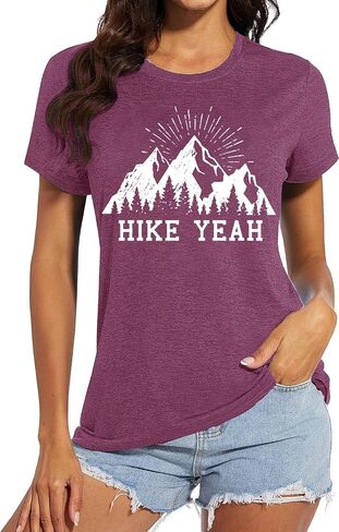Funny Hiking T Shirts Women Cute Mountain Sunrise Pine Tree Letter Print Graphic Tee in Saudi Arabia