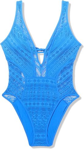 BECCA Women's Color Play Crochet High Leg One Piece Swimsuit, Plunge Neck, Bathing Suits in Saudi Arabia