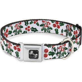 Buckle-Down Dog Collar Seatbelt Buckle Holly Mistletoe 9 to 15 Inches 1.0 Inch Wide, Multicolor, DC-W30820-S