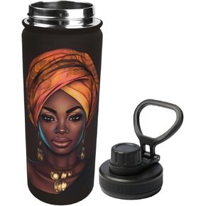 African American Woman Water Bottle,18oz Sports Insulated Kettle for Women Men, Suitable as a Present