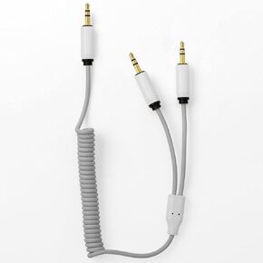 MyVolts Candycord Patch Special audio cable, straight mini jack to 2 x straight mini jack, curly 26cm to 30cm, Powder Grey colour, perfect for modular synths