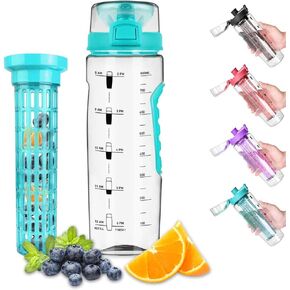 Opard Water Bottle with Time Marker, 30 oz Sports BPA Free Plastic Reusable Fruit Infuser Water Bottles with Handle, Leak Proof Flip Top Lid, Infusion Rod, Cleaning Brush and Recipe (Black)