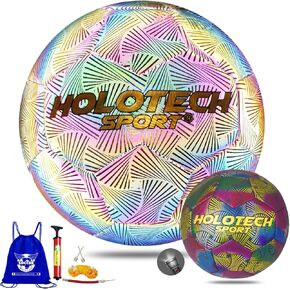 Holographic Reflective Soccer Ball, PU Leather Glow Soccer Ball - Light Up in Camera Flash for Night Games,Training and Gifts to Women and Men (Teenage Size 4 and Official Size 5) with Pump
