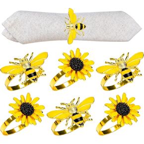 Whaline Bee Napkin Rings Set of 6 Bee Sunflower Napkin Holders Yellow Flower Metal Napkin Buckle for Spring Summer Wedding Birthday Baby Shower Holiday Party Table Setting Decor