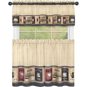 Achim Home Furnishings Cozy Café Printed Tier & Valance Set - 58x36 Inch Tan-Black