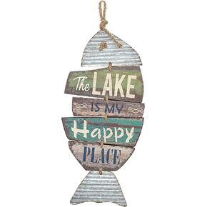 Barnyard Designs 'The Lake is my Happy Place' Lake House Decor for the Home, Hanging Lake Wall Decor Lake Sign, Lake House Metal Sign for Lake House Kitchen, Rustic Lake Decor for Home, 9" x 20"