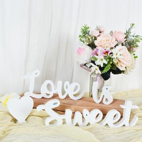 TONIFUL Love Is Sweet Sign for Dessert Table,Love Is Sweet Table Decor Freestanding Love Wood Sign Letter LVOE Table Top for Wedding Decor,Anniversary,Valentine Gift Photo Prop (White)