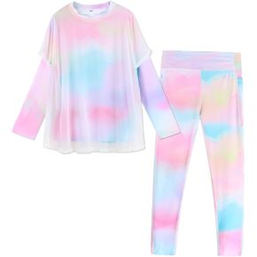 ملابس رقص للفتيات مكونة من قطعتين من بلوفر وقميص طويل بألوان قوس قزح وبنطلون ضيق بدلة رياضية لطيفة in Kuwait