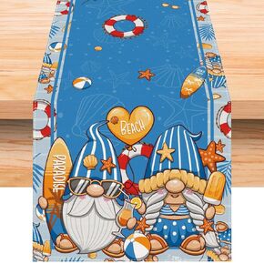 Linen Blue Gnome Summer Beach Table Runner 72 Inches Long Spring Summer Hawaiian Beach Pool Coastal Party Decorations and Supplies for Home Party